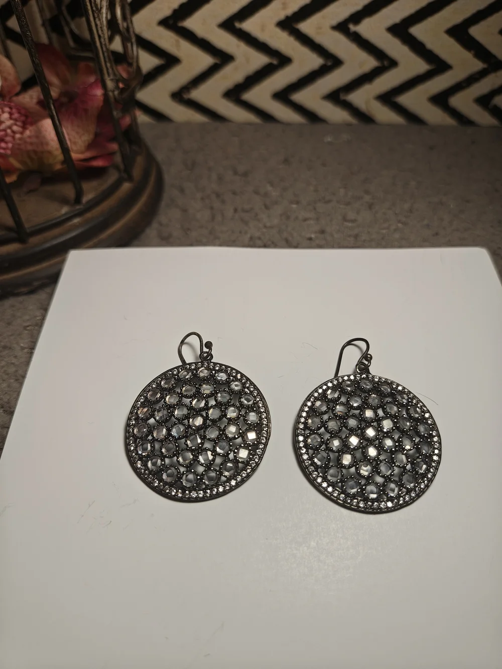 Round Gunmetal Filigree Drop Earrings with Hematite Stones
